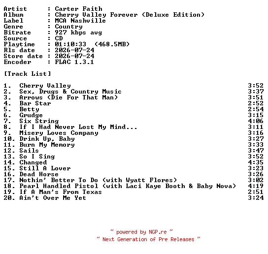 NFO for the release Carter_Faith-Cherry_Valley_Forever-Deluxe_Edition-CD-FLAC-2026-PERFECT by PERFECT