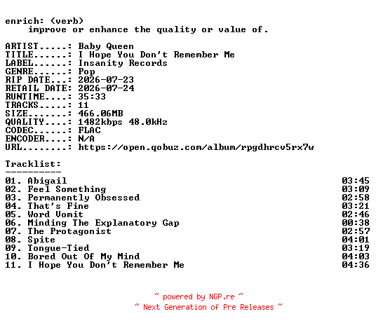 NFO for the release Baby_Queen-I_Hope_You_Dont_Remember_Me-24BIT-WEB-FLAC-2026-ENRiCH by ENRiCH