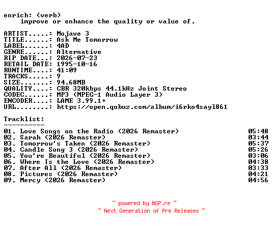 NFO for the release Mojave_3-Ask_Me_Tomorrow-REMASTERED-WEB-2026-ENRiCH by ENRiCH