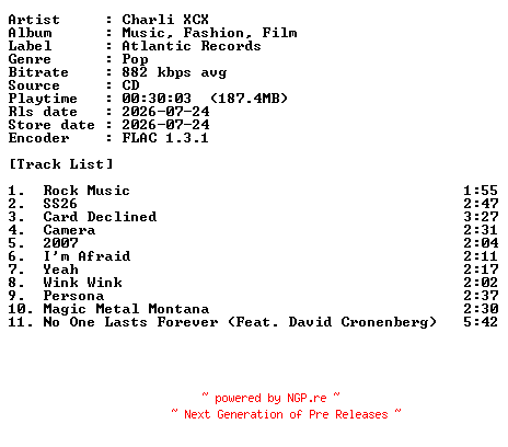NFO for the release Charli_XCX-Music_Fashion_Film-CD-FLAC-2026-PERFECT by PERFECT