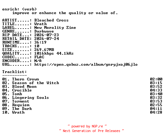 NFO for the release Bleached_Cross-Wrath-16BIT-WEB-FLAC-2026-ENRiCH by ENRiCH