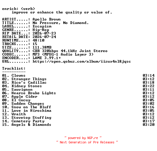 NFO for the release Apollo_Brown-No_Pressure_No_Diamond.-WEB-2026-ENRiCH by ENRiCH