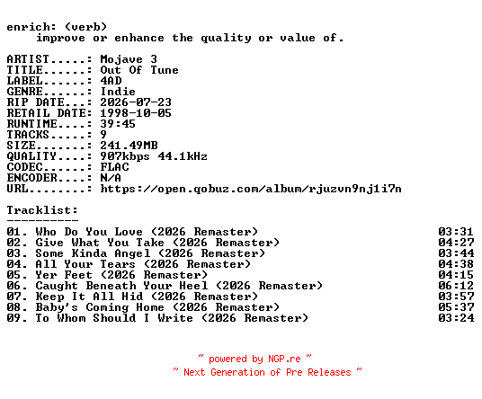 NFO for the release Mojave_3-Out_Of_Tune-REMASTERED-16BIT-WEB-FLAC-2026-ENRiCH by ENRiCH