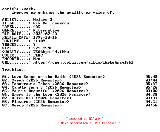 NFO for the release Mojave_3-Ask_Me_Tomorrow-REMASTERED-16BIT-WEB-FLAC-2026-ENRiCH by ENRiCH