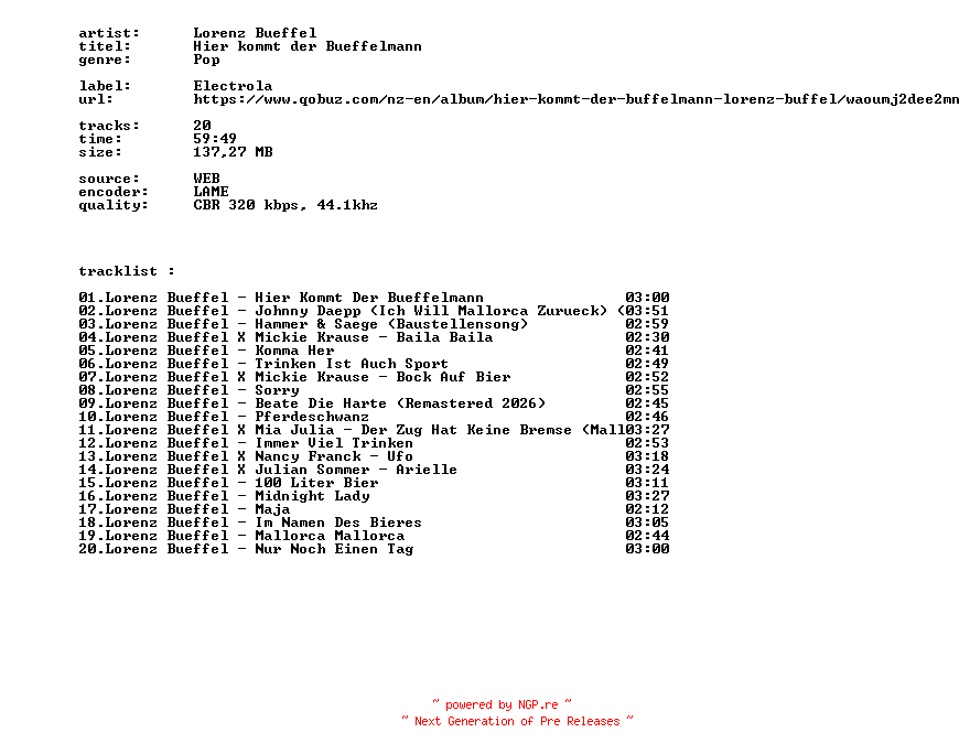 NFO for the release Lorenz_Bueffel_-_Hier_Kommt_Der_Bueffelmann-WEB-DE-2026-BITCOINS by BITCOINS