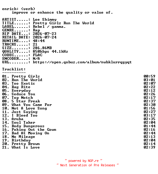 NFO for the release Loe_Shimmy-Pretty_Girlz_Run_The_World-16BIT-WEB-FLAC-2026-ENRiCH by ENRiCH