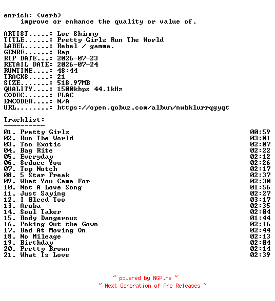 NFO for the release Loe_Shimmy-Pretty_Girlz_Run_The_World-24BIT-WEB-FLAC-2026-ENRiCH by ENRiCH