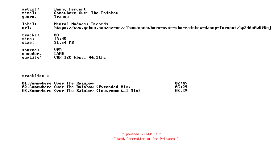 NFO for the release Danny_Fervent_-_Somewhere_Over_The_Rainbow-WEB-2026-BITCOINS by BITCOINS