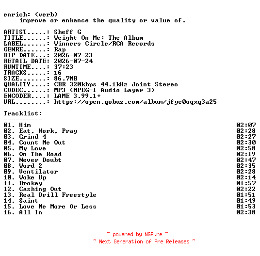 NFO for the release Sheff_G-Weight_On_Me_The_Album-WEB-2026-ENRiCH by ENRiCH