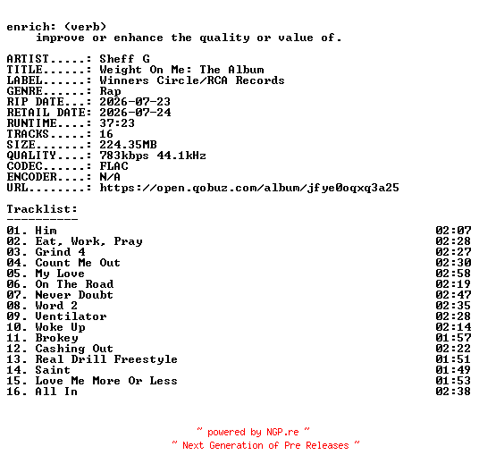 NFO for the release Sheff_G-Weight_On_Me_The_Album-16BIT-WEB-FLAC-2026-ENRiCH by ENRiCH