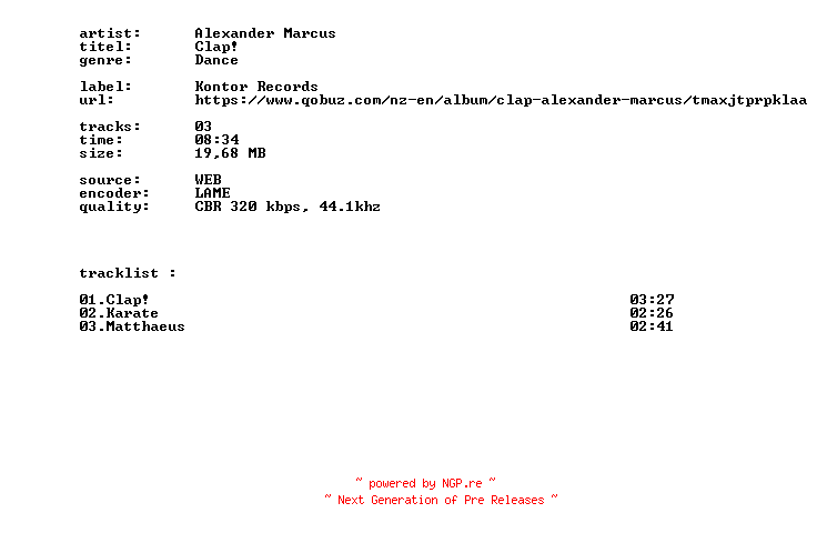 NFO for the release Alexander_Marcus_-_Clap-WEB-DE-2026-BITCOINS by BITCOINS