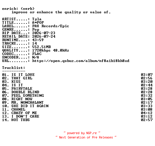NFO for the release Tyla-A-POP-24BIT-WEB-FLAC-2026-ENRiCH by ENRiCH