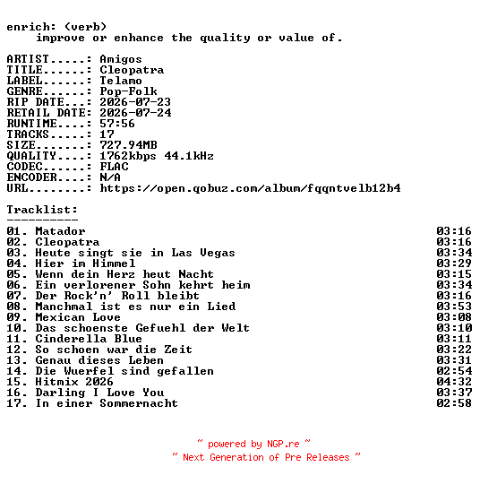 NFO for the release Amigos-Cleopatra-DE-24BIT-WEB-FLAC-2026-ENRiCH by ENRiCH