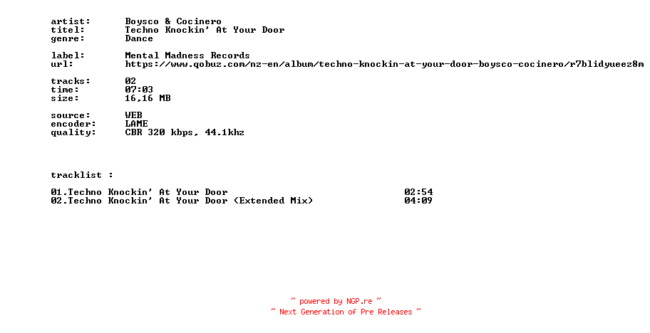 NFO for the release Boysco_And_Cocinero_-_Techno_Knockin_At_Your_Door-WEB-2026-BITCOINS by BITCOINS