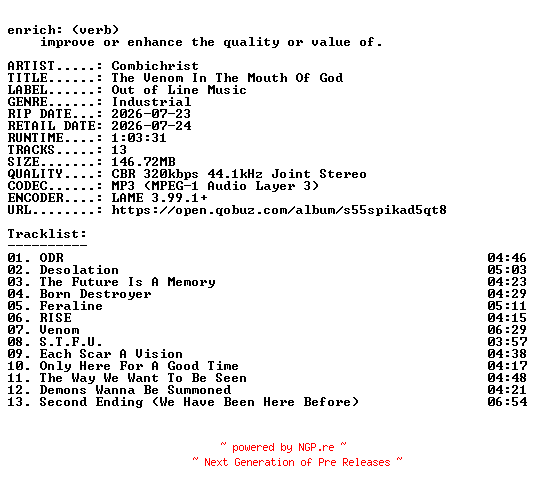 NFO for the release Combichrist-The_Venom_In_The_Mouth_Of_God-WEB-2026-ENRiCH by ENRiCH