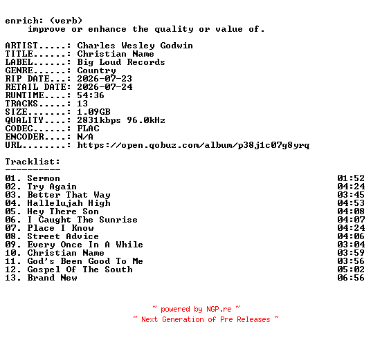 NFO for the release Charles_Wesley_Godwin-Christian_Name-24BIT-WEB-FLAC-2026-ENRiCH by ENRiCH