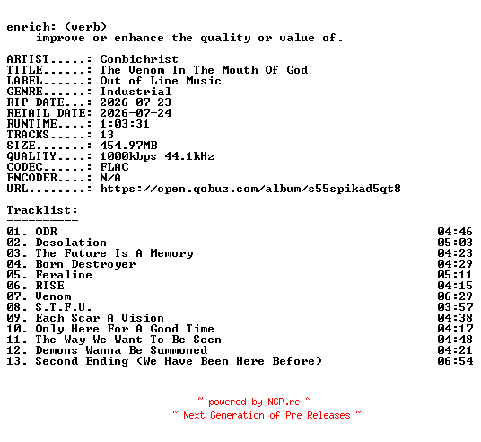 NFO for the release Combichrist-The_Venom_In_The_Mouth_Of_God-16BIT-WEB-FLAC-2026-ENRiCH by ENRiCH