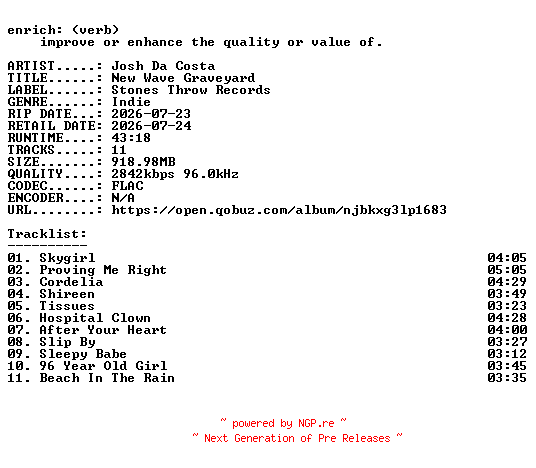 NFO for the release Josh_Da_Costa-New_Wave_Graveyard-24BIT-WEB-FLAC-2026-ENRiCH by ENRiCH