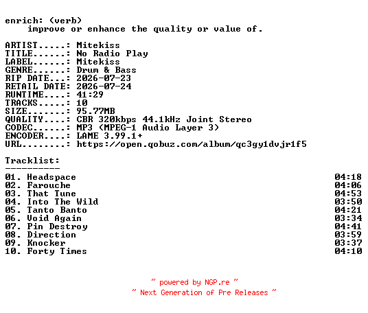 NFO for the release Mitekiss-No_Radio_Play-WEB-2026-ENRiCH by ENRiCH