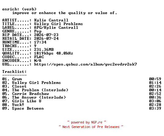 NFO for the release Kylie_Cantrall-Valley_Girl_Problems-24BIT-WEB-FLAC-2026-ENRiCH by ENRiCH