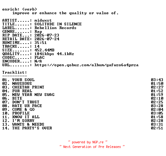 NFO for the release midwxst-SOLITUDE_IN_SILENCE-24BIT-WEB-FLAC-2026-ENRiCH by ENRiCH