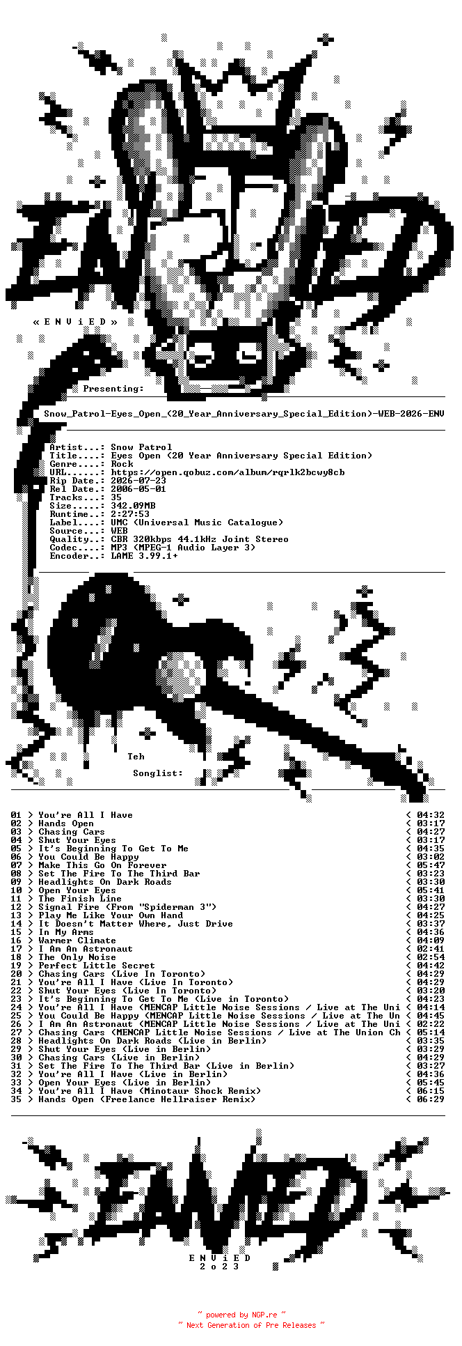 NFO for the release Snow_Patrol-Eyes_Open_(20_Year_Anniversary_Special_Edition)-WEB-2026-ENViED by ENViED