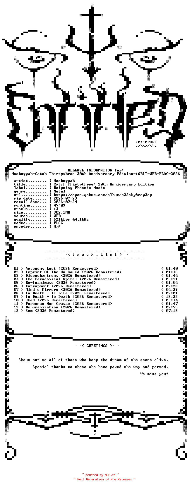 NFO for the release Meshuggah-Catch_Thirtythree_20th_Anniversary_Edition-16BIT-WEB-FLAC-2026-ENTiTLED by ENTiTLED