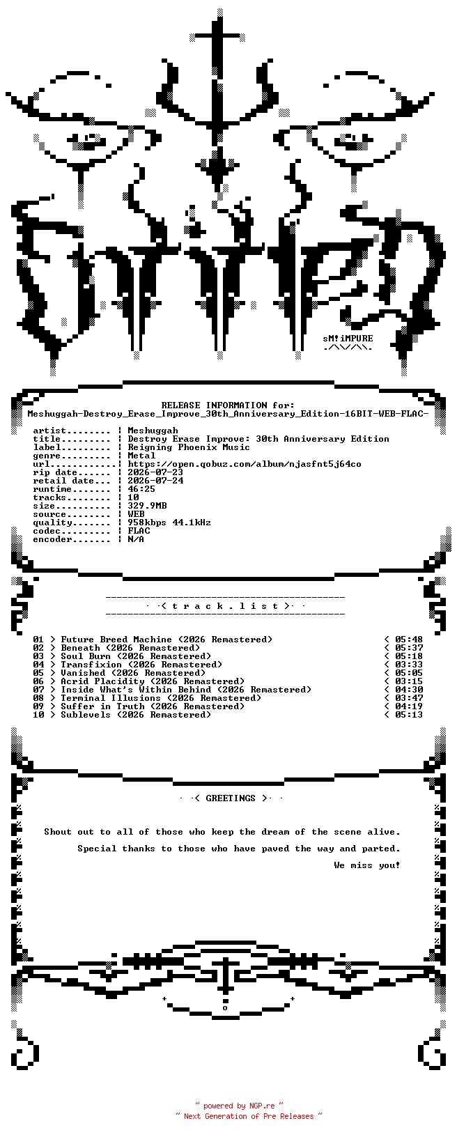 NFO for the release Meshuggah-Destroy_Erase_Improve_30th_Anniversary_Edition-16BIT-WEB-FLAC-2026-ENTiTLED by ENTiTLED