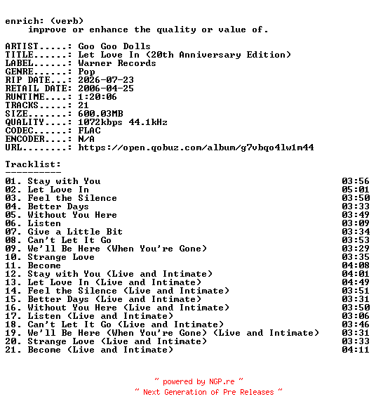 NFO for the release Goo_Goo_Dolls-Let_Love_In_(20th_Anniversary_Edition)-16BIT-WEB-FLAC-2026-ENRiCH by ENRiCH