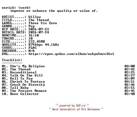 NFO for the release Willow-The_Thread-16BIT-WEB-FLAC-2026-ENRiCH by ENRiCH
