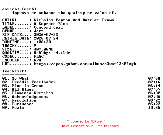 NFO for the release Nicholas_Payton_And_Butcher_Brown-A_Supreme_Blue-16BIT-WEB-FLAC-2026-ENRiCH by ENRiCH