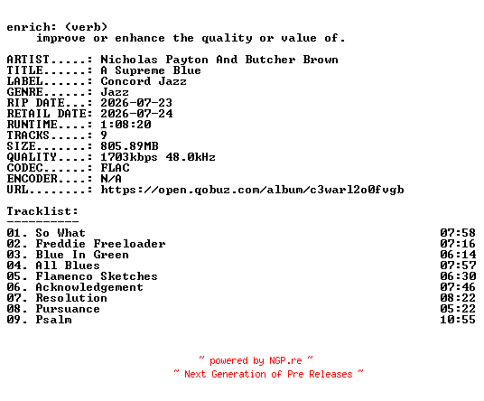NFO for the release Nicholas_Payton_And_Butcher_Brown-A_Supreme_Blue-24BIT-WEB-FLAC-2026-ENRiCH by ENRiCH