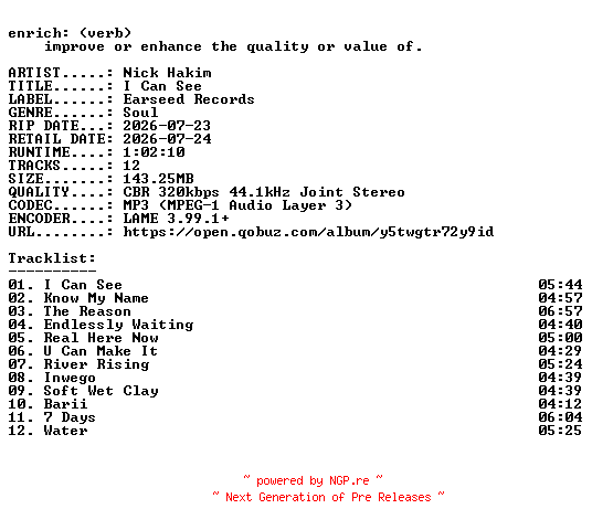 NFO for the release Nick_Hakim-I_Can_See-WEB-2026-ENRiCH by ENRiCH