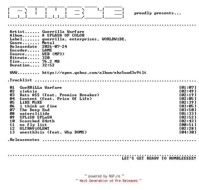 NFO for the release Guerrilla_Warfare-A_SPLASH_OF_COLOR-(WEB)-2026-RUMBLE by RUMBLE