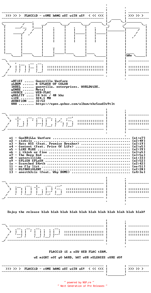 NFO for the release Guerrilla_Warfare-A_SPLASH_OF_COLOR-24BIT-48KHZ-WEB-FLAC-2026-FLACCiD by FLACCiD