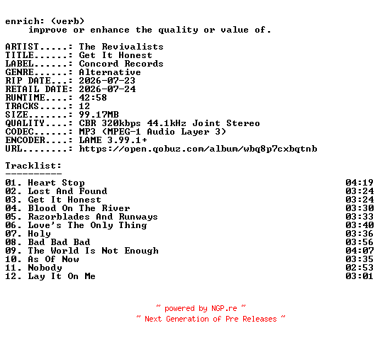 NFO for the release The_Revivalists-Get_It_Honest-WEB-2026-ENRiCH by ENRiCH