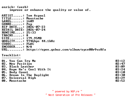 NFO for the release Tom_Aspaul-Moustache-16BIT-WEB-FLAC-2026-ENRiCH by ENRiCH