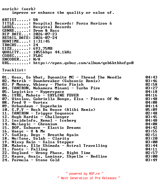NFO for the release VA-Hospital_Records_Forza_Horizon_6-OST-16BIT-WEB-FLAC-2026-ENRiCH by ENRiCH