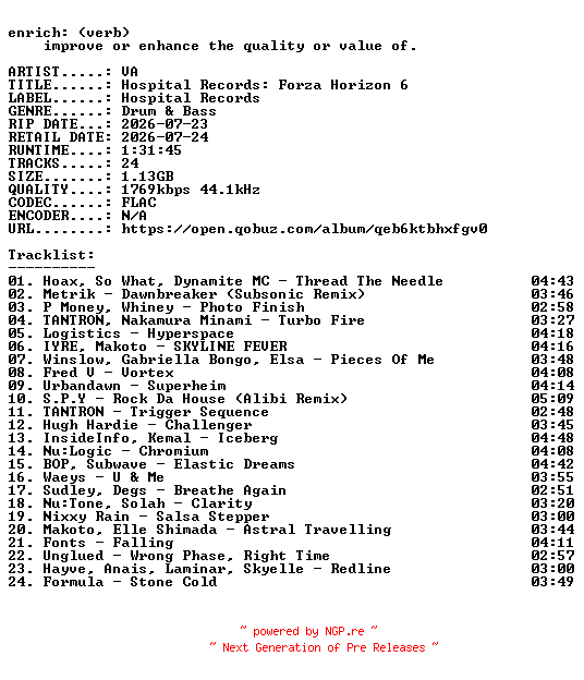 NFO for the release VA-Hospital_Records_Forza_Horizon_6-OST-24BIT-WEB-FLAC-2026-ENRiCH by ENRiCH