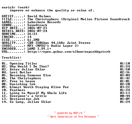 NFO for the release David_Holmes-The_Christophers_(Original_Motion_Picture_Soundtrack)-OST-WEB-2026-ENRiCH by ENRiCH
