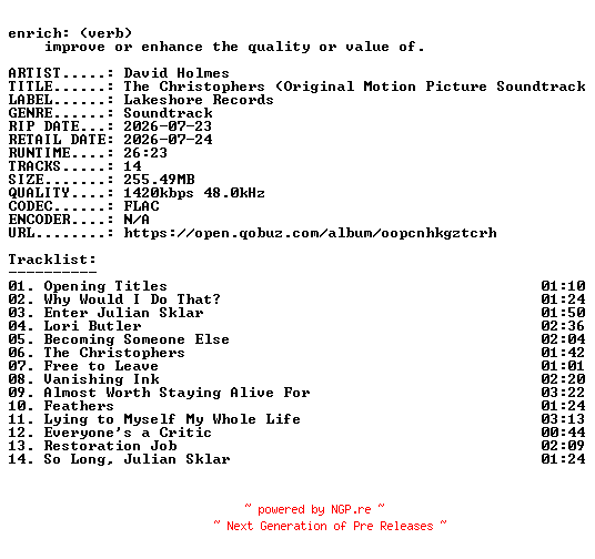 NFO for the release David_Holmes-The_Christophers_(Original_Motion_Picture_Soundtrack)-OST-24BIT-WEB-FLAC-2026-ENRiCH by ENRiCH