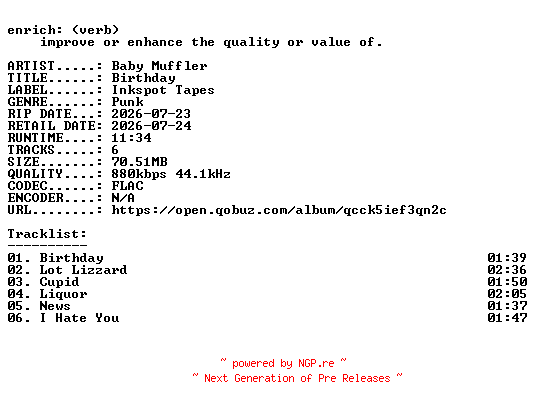 NFO for the release Baby_Muffler-Birthday-EP-16BIT-WEB-FLAC-2026-ENRiCH by ENRiCH