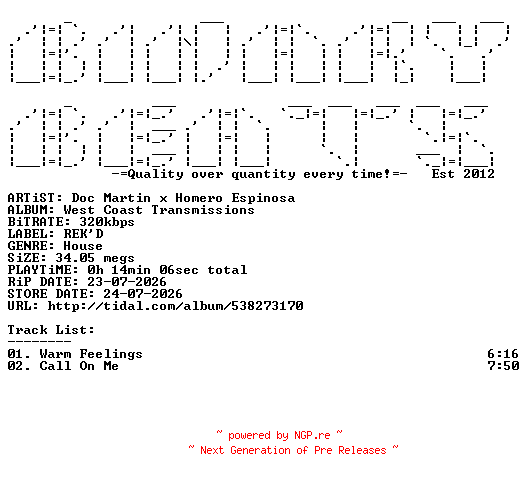 NFO for the release Doc_Martin_x_Homero_Espinosa-West_Coast_Transmissions-(RKD020)-WEB-2026-BB by BB