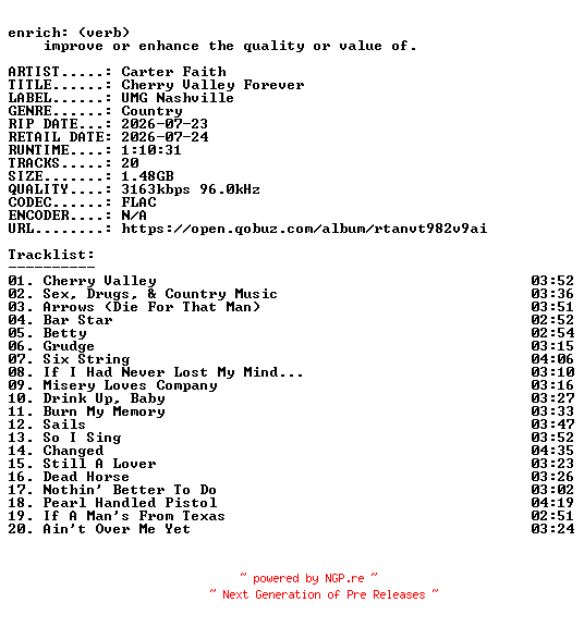 NFO for the release Carter_Faith-Cherry_Valley_Forever-24BIT-WEB-FLAC-2026-ENRiCH by ENRiCH