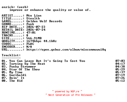 NFO for the release Mtn_Lion-Stealth-24BIT-WEB-FLAC-2026-ENRiCH by ENRiCH