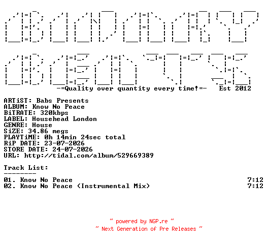 NFO for the release Babs_Presents-Know_No_Peace-(HH072)-WEB-2026-BB by BB