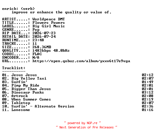 NFO for the release Worldpeace_DMT-Flowers_Powers-EP-24BIT-WEB-FLAC-2026-ENRiCH by ENRiCH