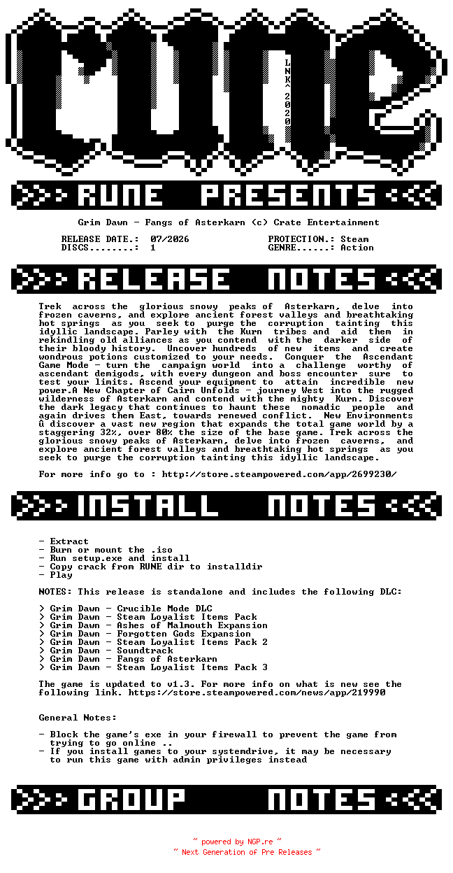 NFO for the release Grim.Dawn.Fangs.of.Asterkarn-RUNE by RUNE