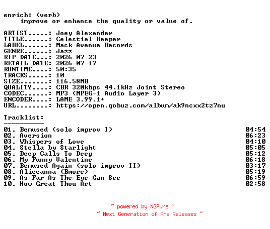 NFO for the release Joey_Alexander-Celestial_Keeper-WEB-2026-ENRiCH by ENRiCH