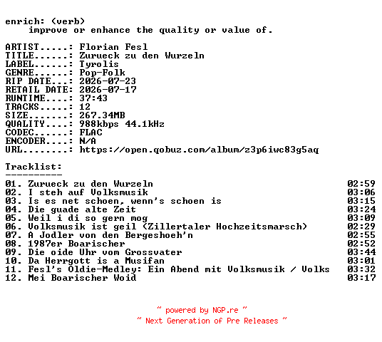 NFO for the release Florian_Fesl-Zurueck_zu_den_Wurzeln-DE-16BIT-WEB-FLAC-2026-ENRiCH by ENRiCH